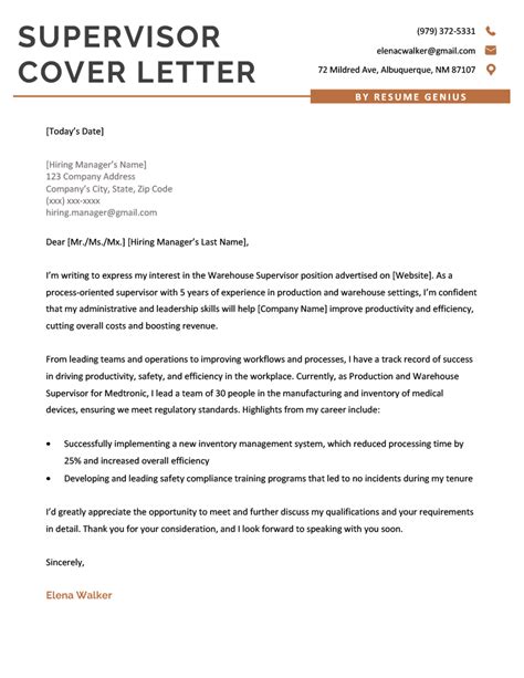 Supervisor Cover Letter Format Example